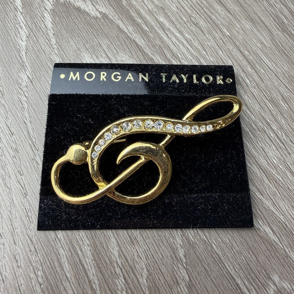 Vintage Morgan Taylor Gold Tone Treble Clef Brooch Rhinestone Music Note Pin
